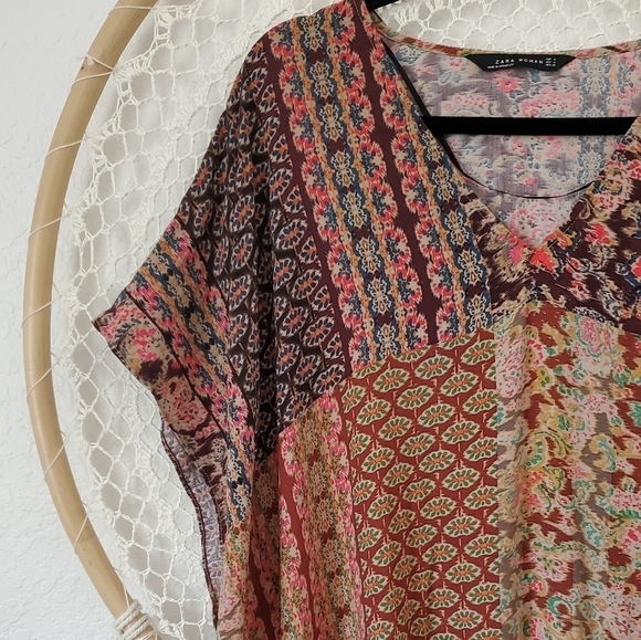 Zara Mixed Print Multi-Color Patchwork Longline Tunic Caftan coverup - Picture 5 of 10